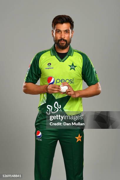 Mohammad Amir of Pakistan poses during the Pakistan Squad Portrait Session at Emirates Old Trafford on August 26, 2020 in Manchester, England.