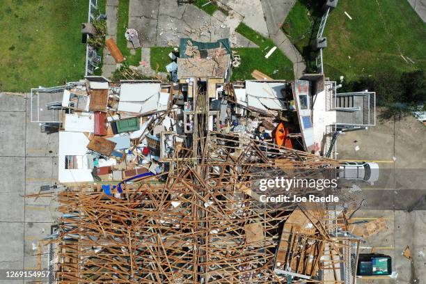 An aerial view from a drone shows a damaged hotel after Hurricane Laura passed through the area on August 27, 2020 in Lake Charles, Louisiana. The...