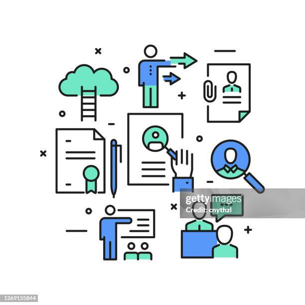 human resources and recruitment concept, modern line art icons background. linear style vector illustration. - performance coaching stock illustrations