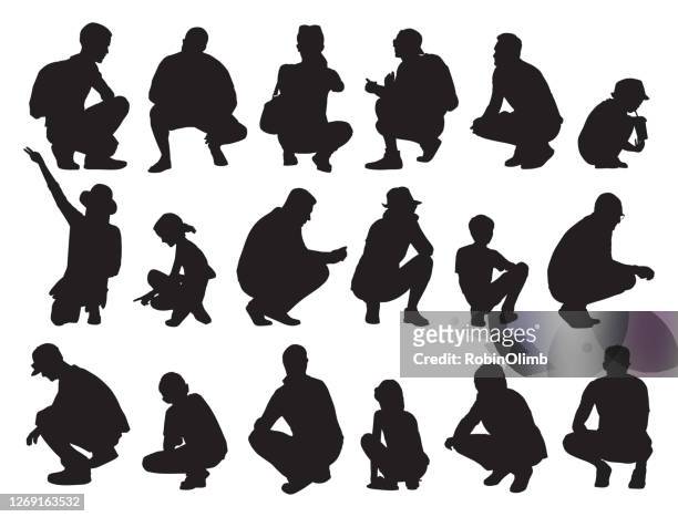 people squatting silhouettes - crouching stock illustrations
