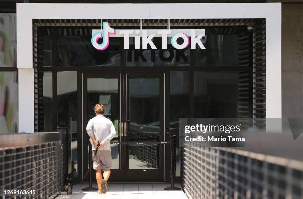 The TikTok logo is displayed in front of a TikTok office on August 27, 2020 in Culver City, California. The Chinese-owned company is reportedly set...