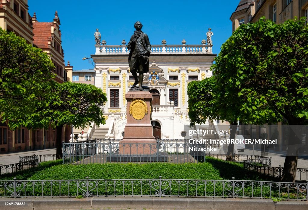 Goethe Monument and the Old Stock Exchange at Naschmarkt, Leipzig, Saxony, Germany
