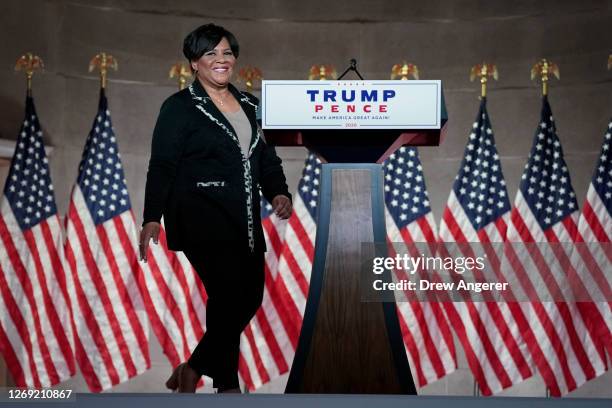 Alice Johnson, criminal justice reform advocate and former federal prisoner, arrives onstage to pre-record her address to the Republican National...