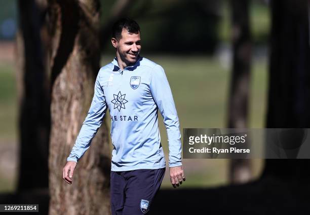 Ryan McGowan of Sydney FC arrives to speak to the media during a Sydney FC A-League training session at Macquarie Uni on August 28, 2020 in Sydney,...