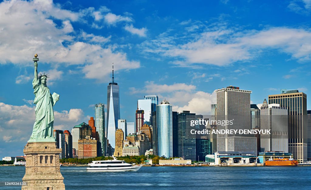 Concept of New York city. Statue of Liberty. Downtown