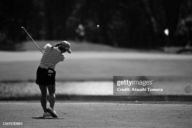 Chie Arimura of Japan hits her tee shot on the 4th hole during the second round of the Nitori Ladies Golf Tournament at the Otaru Country Club on...