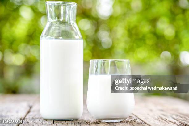 a carafe of fresh cow's milk stands on a wooden table next to a skakan, on a natural green background - milk bottle foto e immagini stock