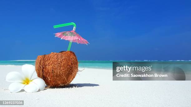 coconut juice with straw in seashore, summer concept - cocktail umbrella stock pictures, royalty-free photos & images