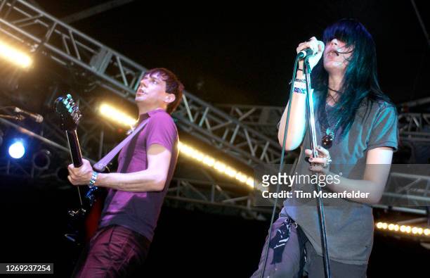 Alison Mosshart and Jamie Hince of The Kills perform during Coachella 2005 at the Empire Polo Fields on April 30, 2005 in Indio, California.
