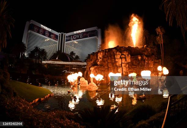 The volcano attraction in front of The Mirage Hotel & Casino erupts after the Las Vegas Strip resort reopened for the first time since mid-March...