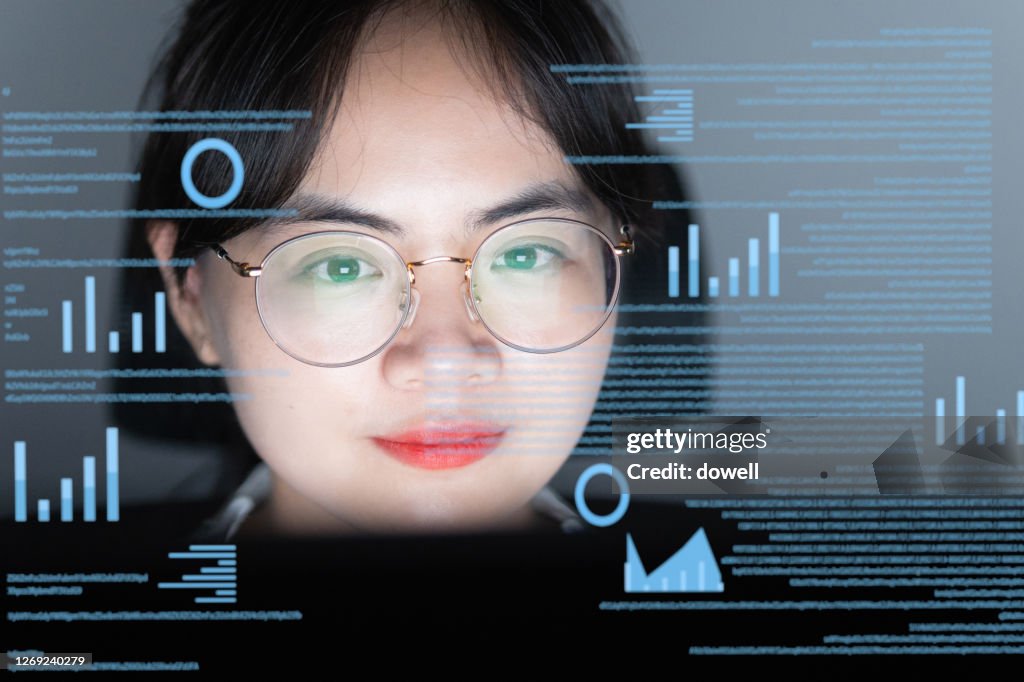 Computer Visual Portrait Head Shot Of Woman Uses Pc Computer With Technology Of Virtual Visual ...
