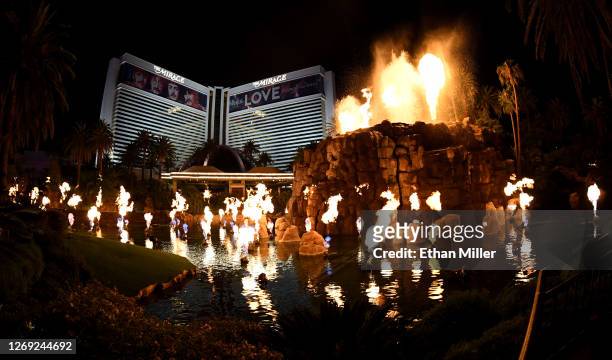 The volcano attraction in front of The Mirage Hotel & Casino erupts after the Las Vegas Strip resort reopened for the first time since mid-March...