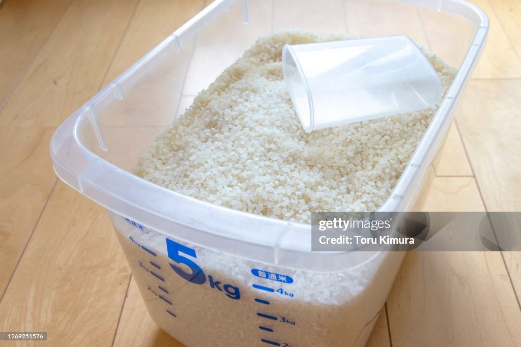White rice stored in a transparent container