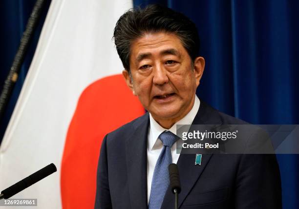 Japanese Prime Minister Shinzo Abe speaks during a press conference at the prime minister official residence on August 28, 2020 in Tokyo, Japan....