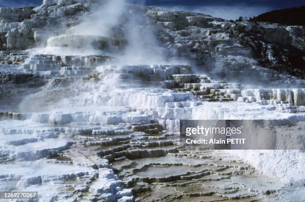 Les vasques calcaires du Mammoth Hot Springs dans le Parc national de Yellowstone, en octobre 1991, dans le Wyoming, Etats-Unis.