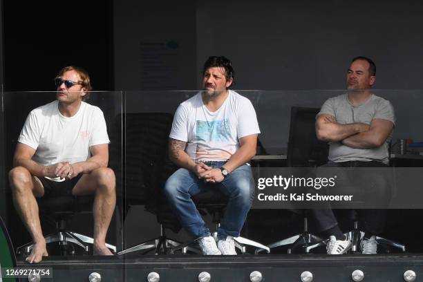 Crusaders Head Coach Scott Robertson, former All Black Byron Kelleher and Crusaders Assistant Coach Scot Hansen look on during the Ranfurly Shield...