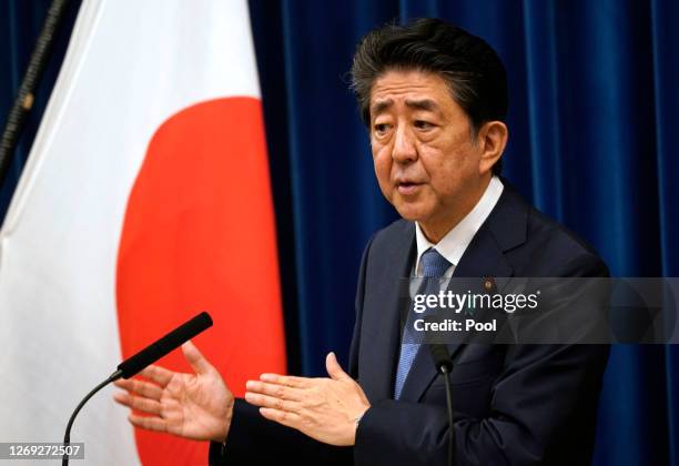 Japanese Prime Minister Shinzo Abe speaks during a press conference at the prime minister official residence on August 28, 2020 in Tokyo, Japan....