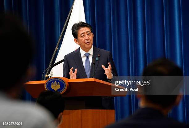 Japanese Prime Minister Shinzo Abe speaks during a press conference at the prime minister official residence on August 28, 2020 in Tokyo, Japan....