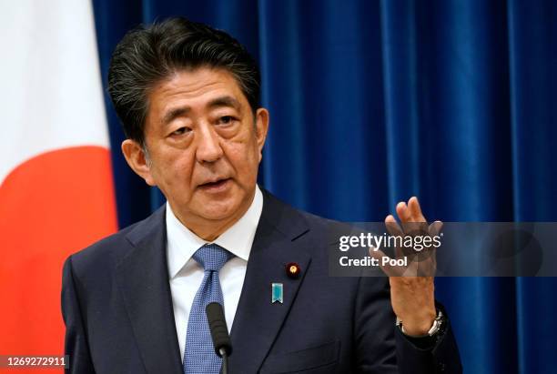 Japanese Prime Minister Shinzo Abe speaks during a press conference at the prime minister official residence on August 28, 2020 in Tokyo, Japan....