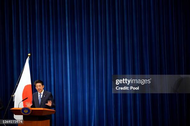 Japanese Prime Minister Shinzo Abe speaks during a press conference at the prime minister official residence on August 28, 2020 in Tokyo, Japan....