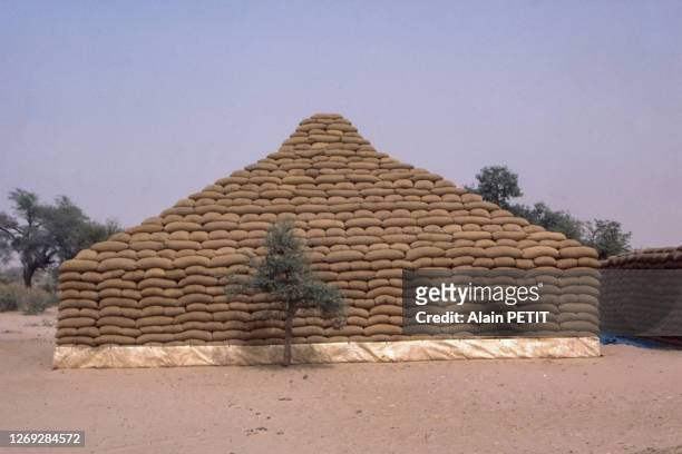 Stockage de sacs de mil dans la région de Zinder, en avril 1983, Niger.