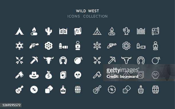 flat & line wild west icons - leuchtgeschoss stock-grafiken, -clipart, -cartoons und -symbole