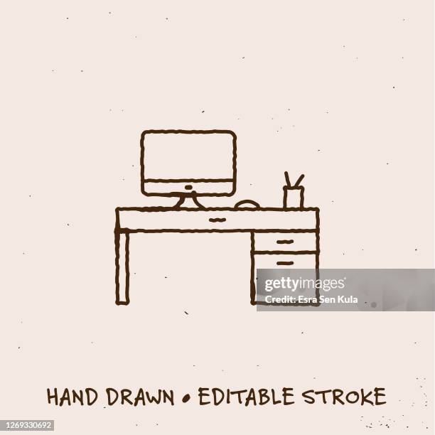 hand drawn computer desk line icon with editable stroke - computer engineer desk stock illustrations