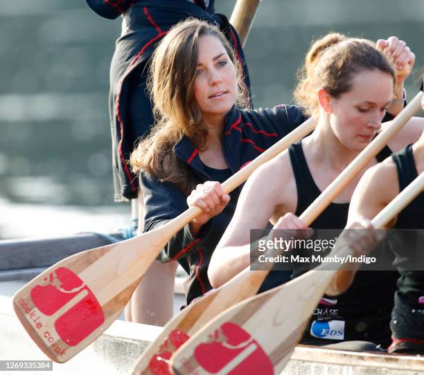 Kate Middleton takes part in a training session with The Sisterhood cross channel rowing team on the River Thames on August 01, 2007 in London,...