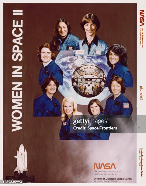 Poster paying tribute to women involved in the exploration and study of space, featuring eight portraits inset of America female NASA astronauts ,...