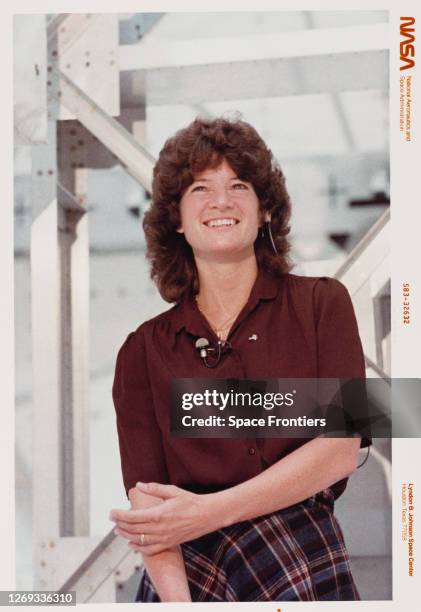 American NASA astronaut and physicist Sally Ride , mission specialist for shuttle mission STS-7, smiling in response to a question from an...