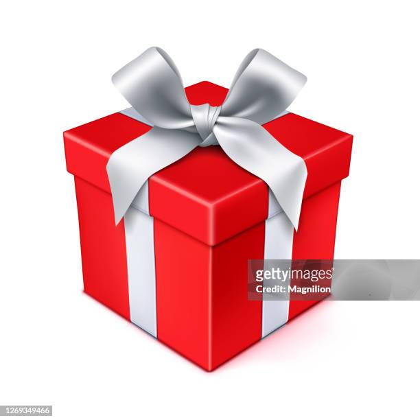 rote geschenk-box mit silber schleife - geschenkkarton stock-grafiken, -clipart, -cartoons und -symbole