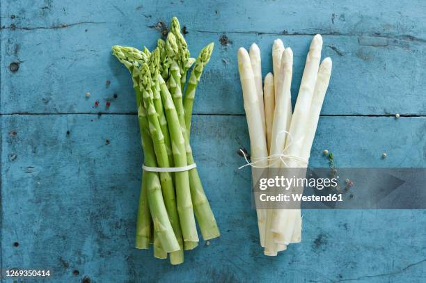 bundles of white and green asparagus - asparagus stock pictures, royalty-free photos & images