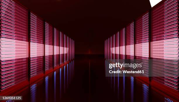 three dimensional render of dark server room - cloud storage stock illustrations