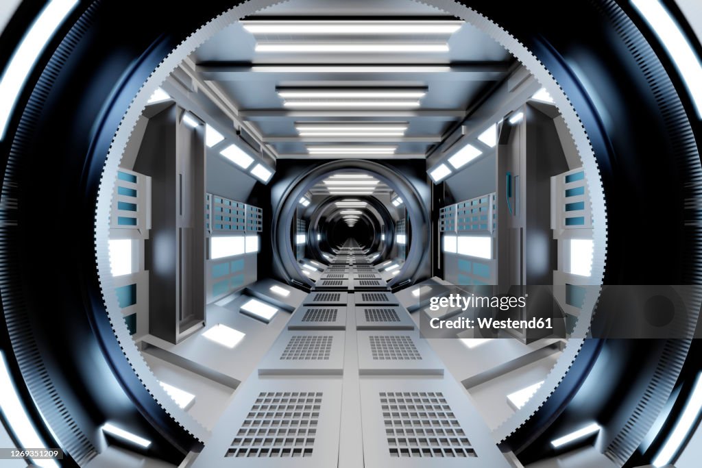 Three dimensional render of futuristic corridor inside spaceship or space station