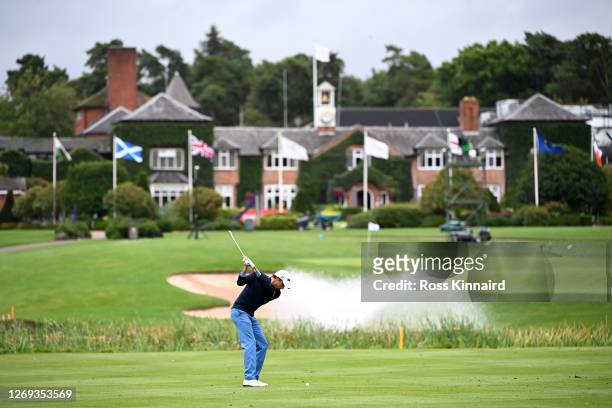 Benjamin Hebert of France plays their second shot on the 18th hole during Day two of the UK Championship at The Belfry on August 28, 2020 in Sutton...