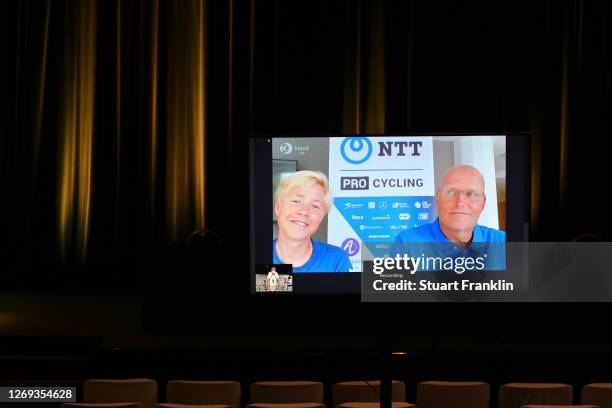 Michael Valgren Andersen of Denmark and NTT Pro Cycling Team / Bjarne Riis of Denmark Team manager of Team NTT Pro Cycling / during the NTT Pro...