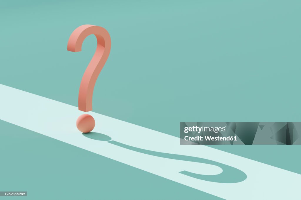 Three dimensional render of orange question mark against green background
