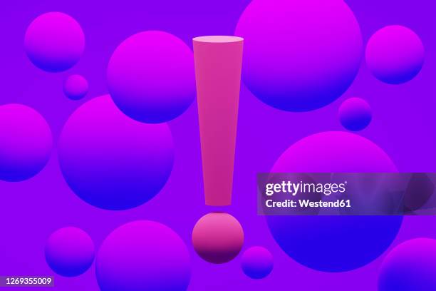 three dimensional render of exclamation pointsurrounded by purplespheres - exclamation mark stock illustrations
