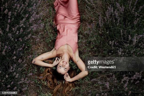 woman lying in lavender field - satin dress stock-fotos und bilder