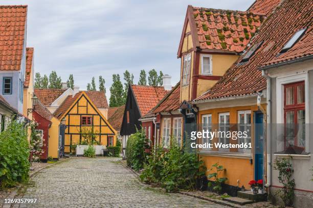 denmark, region of southern denmark, aeroskobing, old town houses along cobblestone street - funen stockfoto's en -beelden