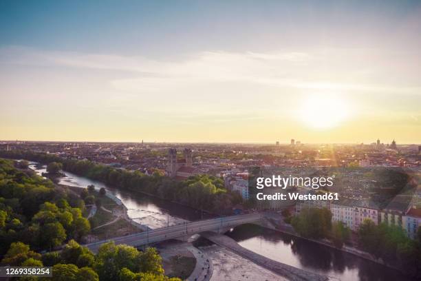 aerial view of munich during sunset, bavaria, munich - isar münchen stock pictures, royalty-free photos & images