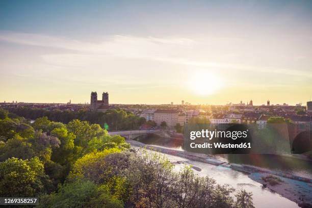 aerial view of munich during sunset, bavaria, munich - isar münchen stock pictures, royalty-free photos & images