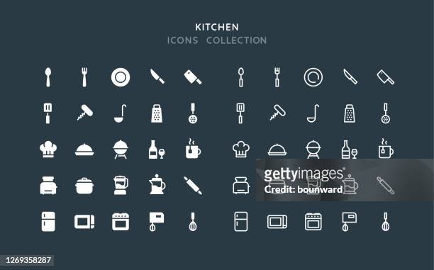 flat & line kitchen icons - stew pot stock illustrations