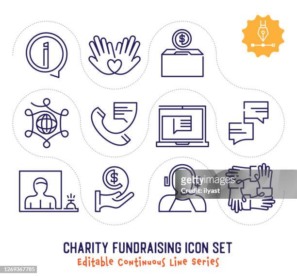 charity fundraising editable continuous line icon pack - continuous line drawing stock illustrations
