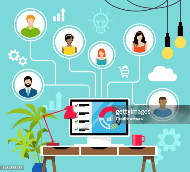 ilustrações de stock, clip art, desenhos animados e ícones de remote working and virtual business team. - subcontratação