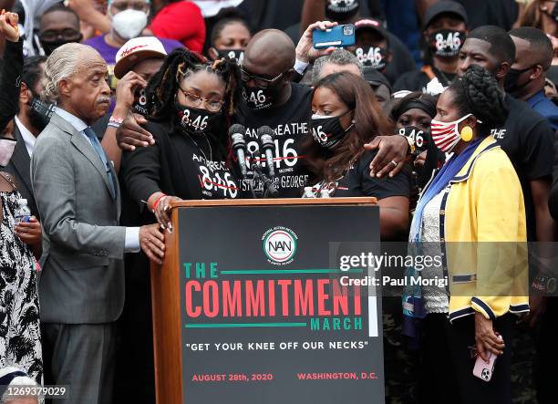 Rev. Al Sharpton , Bridgett Floyd and Philonise Floyd , siblings of George Floyd, and Rep. Sheila Jackson Lee stand at the podium at the 2020 March...