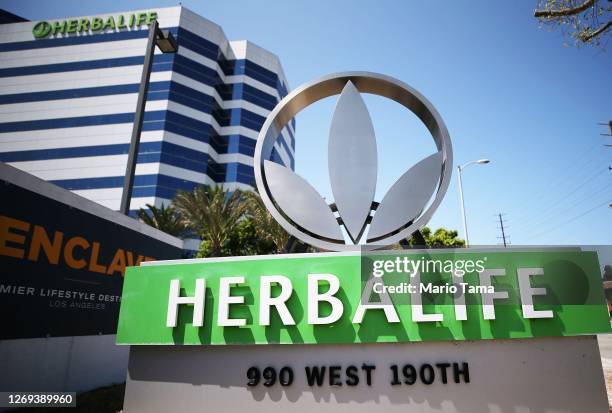 An Herbalife logo is displayed outside an Herbalife office on August 28, 2020 in Torrance, California. Nutritional supplement group Herbalife has...