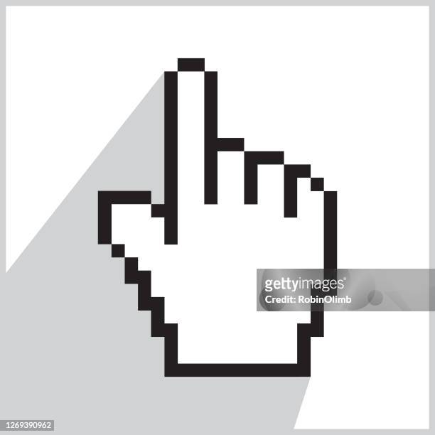ilustraciones, imágenes clip art, dibujos animados e iconos de stock de icono de sombra gris de la mano apuntando de píxeles - cursor