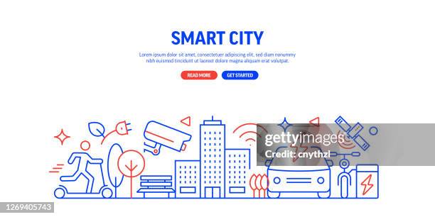 smart city related web banner line style. modern linear design vector illustration for web banner, website header etc. - smart city stock illustrations