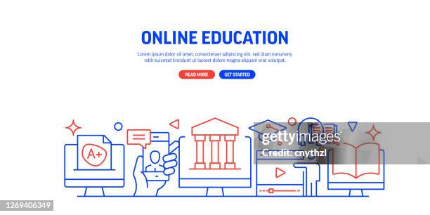 online education and e-learning related web banner line style. modern linear design vector illustration for web banner, website header etc. - student typing on computer stock illustrations